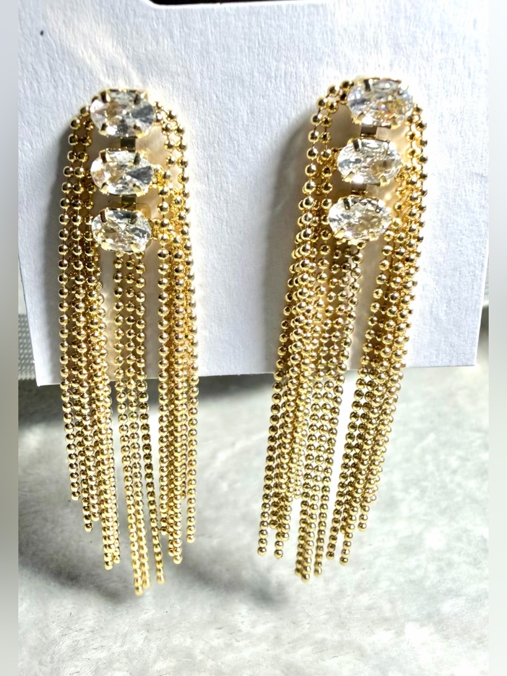 ✨Gold Tassel Drop Earrings with Clear Crystal Accents✨